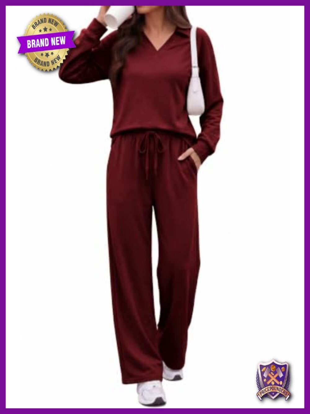 Sixstar Women's 2-Piece Lounge Set V-Neck Top Wide Leg Pants Scuba Knit